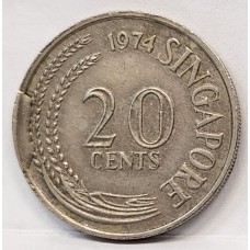 SINGAPORE 1974 . TWENTY 20 CENTS COIN .  ERROR . RIM CUD